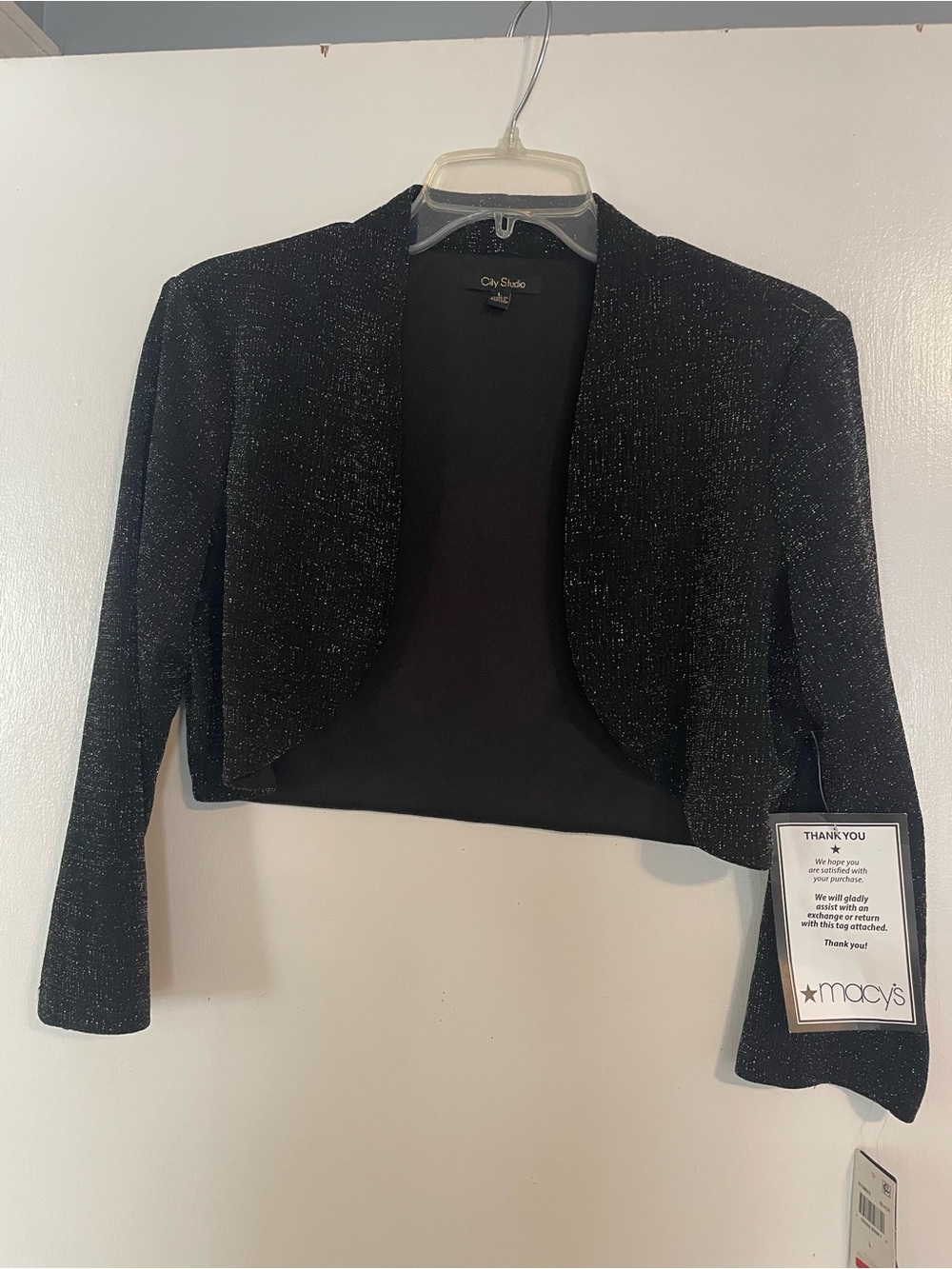 City Studio Black Sparkle Open-Front Cropped Blazer